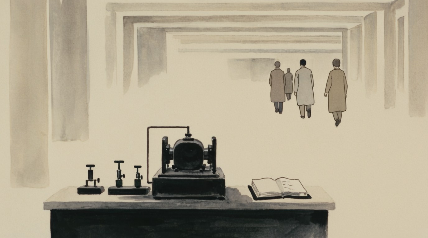 Room 1 — Shimura: apparatus corridor with procession toward horizon