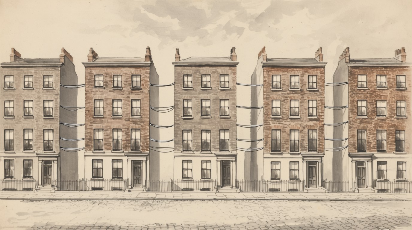 Room 4 — Edwardian: townhouses coupled floor-by-floor with wires
