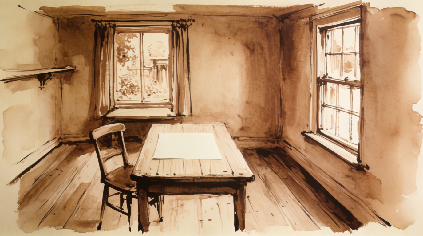 Room 5 — Waiting: empty room with blank paper on a table